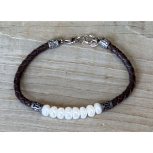 Signed W 925 Sterling Silver Real Pearls Brown Braided Leather Cord 8” Bracelet